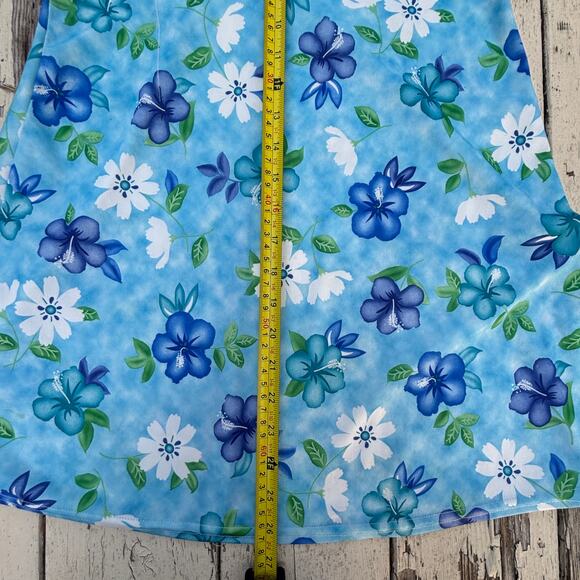 Vintage Y2K Up Front Smocked Mini Dress –‎ Blue Floral Hibiscus Print, Size L - Picture 9 of 11